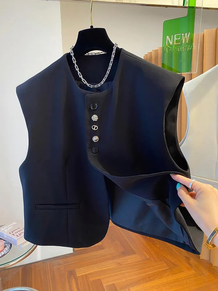 Beige loose-fitting polyester waistcoat with pockets on a hanger