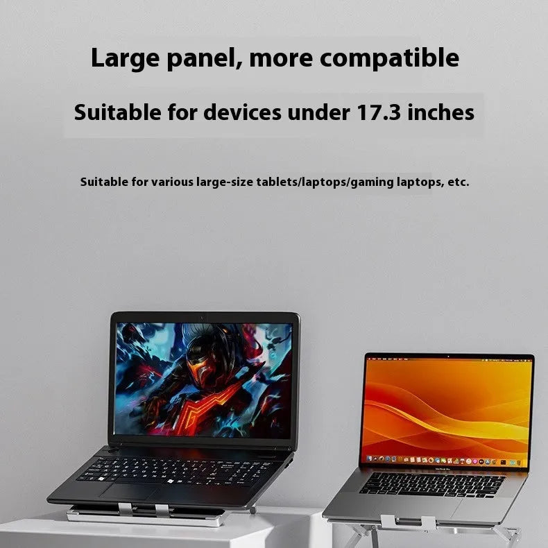 Silver aluminium folding laptop cooling stand with integrated fan showing dimensions 270x210mm