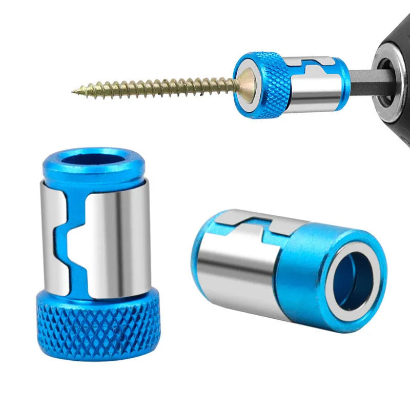 Light blue magnetic screwdriver bit with slotted head and high-carbon steel construction