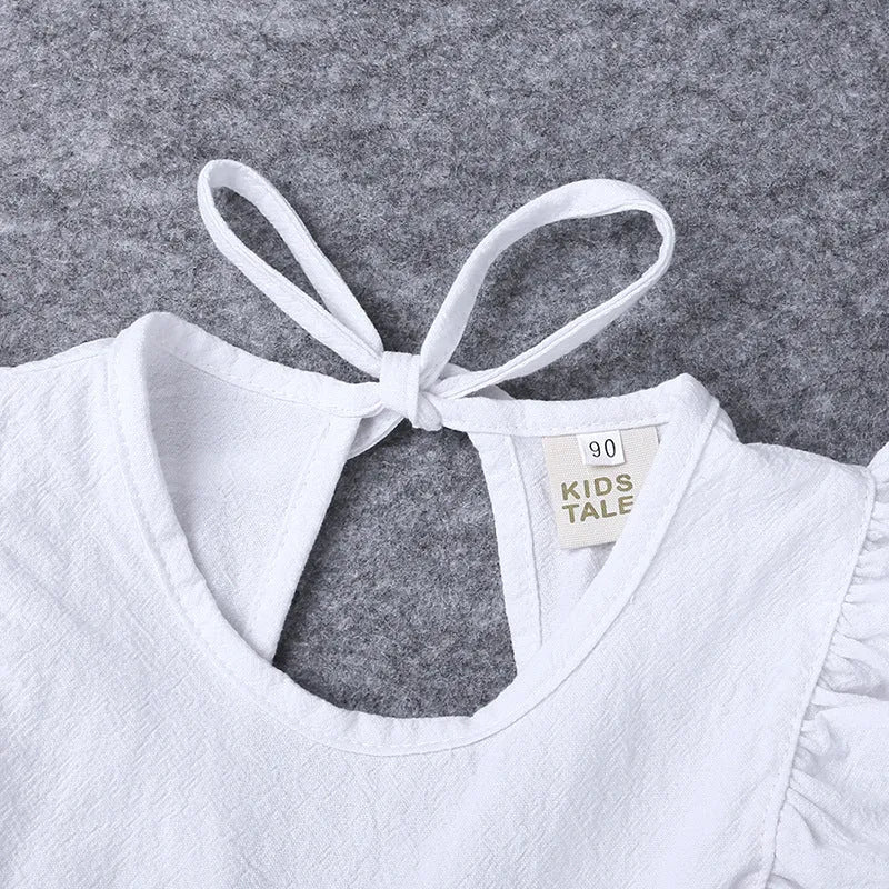 Girls' cotton summer dress with lotus leaf skirt in green and white plain design for children 100-140cm