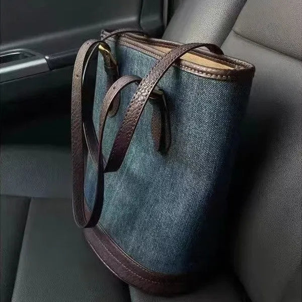Denim patchwork one-shoulder bucket handbag with 23x27x16cm dimensions