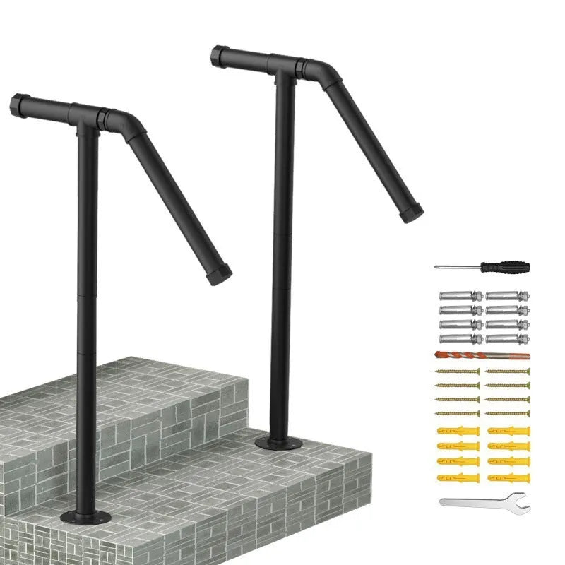 A black metal ladder support bracket for American minimalist household stairs.
