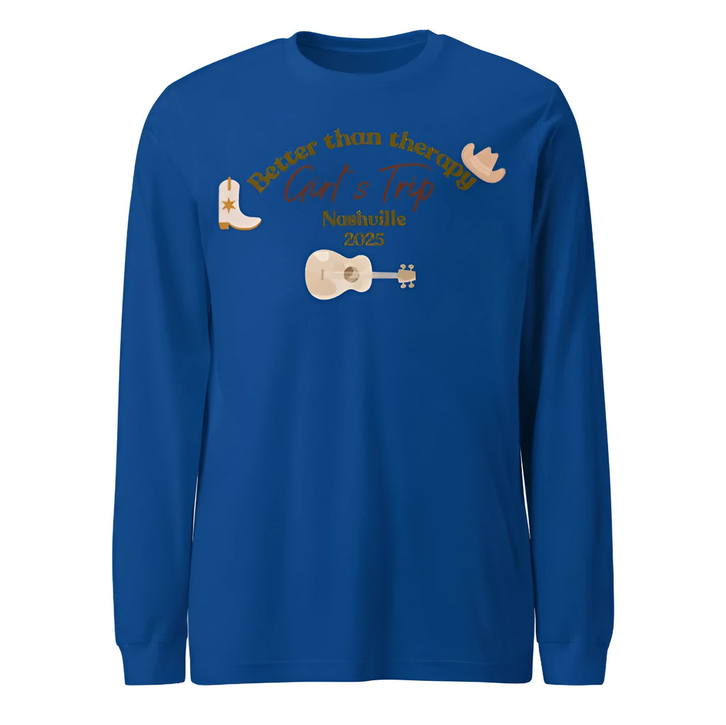 Blue men's loose round neck sweater with printed letter patterns on a mannequin.