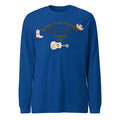 Blue men's loose round neck sweater with printed letter patterns on a mannequin.