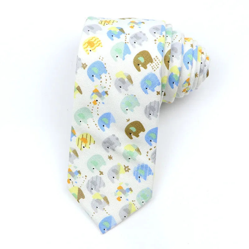 Narrow cotton bow tie with a printed cartoon pattern in a selection of colours.