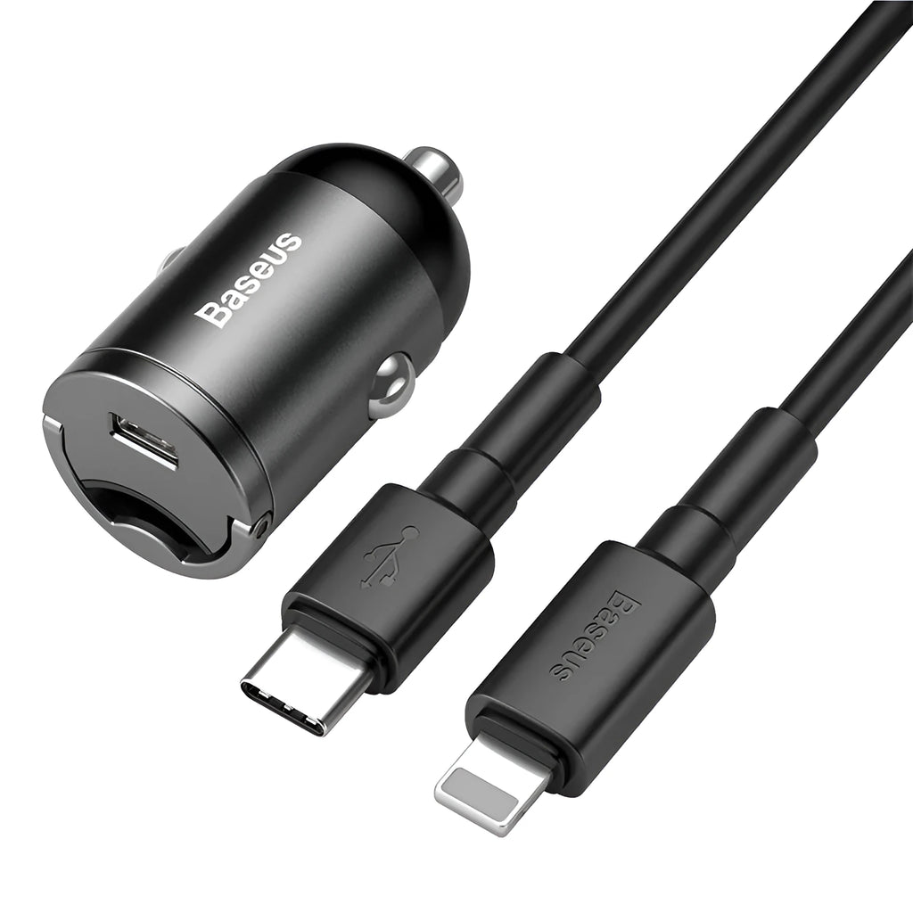 Baseus electro-optical grey 30W PPS fast charge mini car charger with 1 metre USB cable