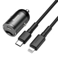 Baseus electro-optical grey 30W PPS fast charge mini car charger with 1 metre USB cable