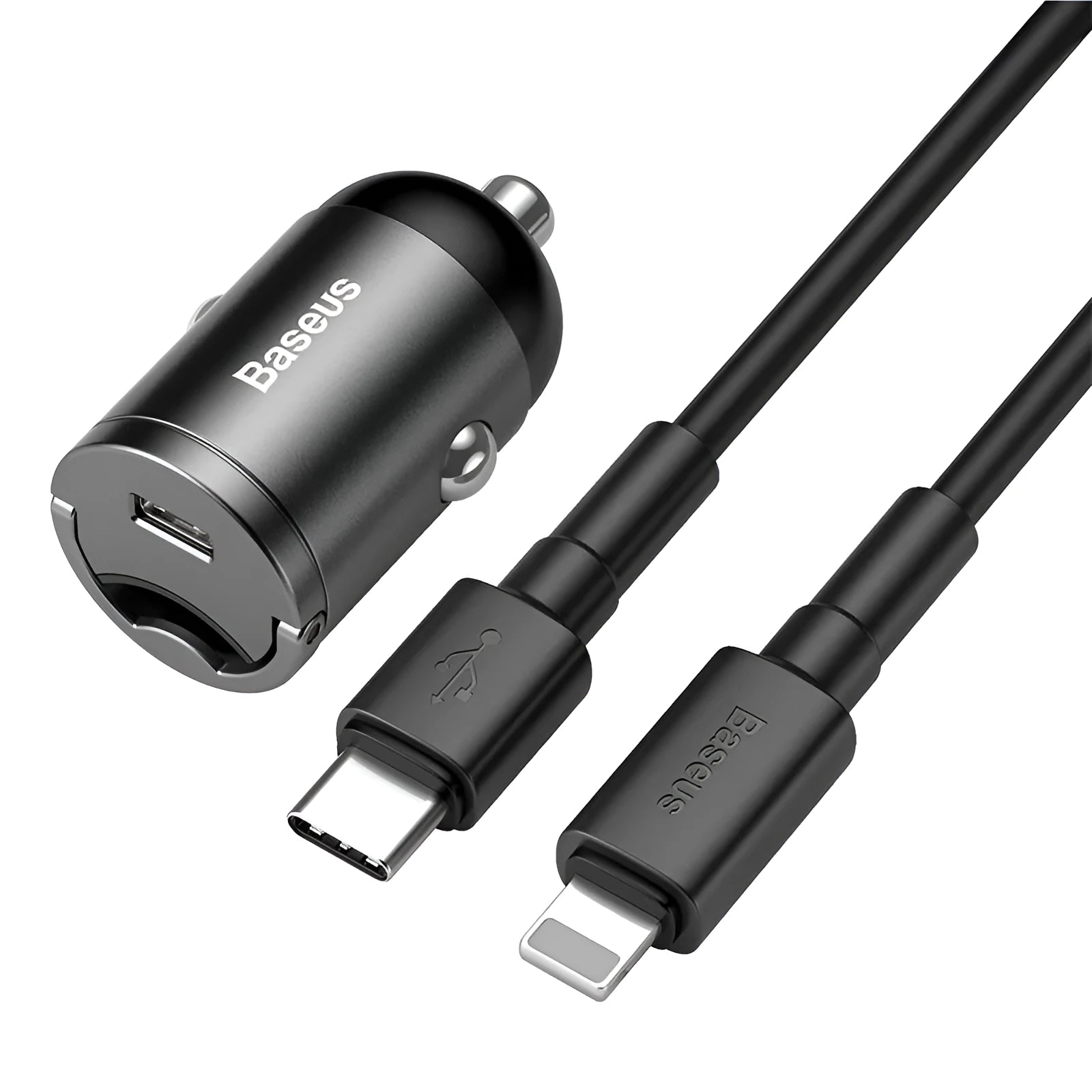 Baseus electro-optical grey 30W PPS fast charge mini car charger with 1 metre USB cable