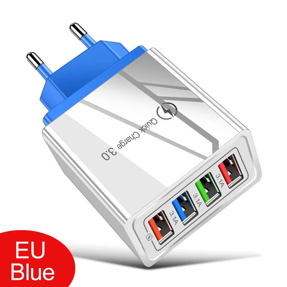 Multi-port USB charging head with four ports, PC+ABS housing in black, white, and blue options