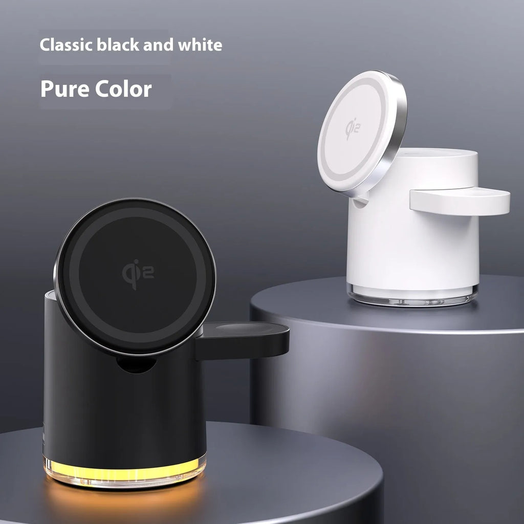 C16 portable folding three-in-one wireless charger in black on a table, charging a phone, watch, and earphones.