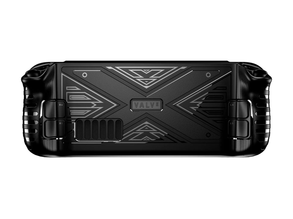 Red soft silicone protective cover for a Steam Deck gaming console on a grey background.