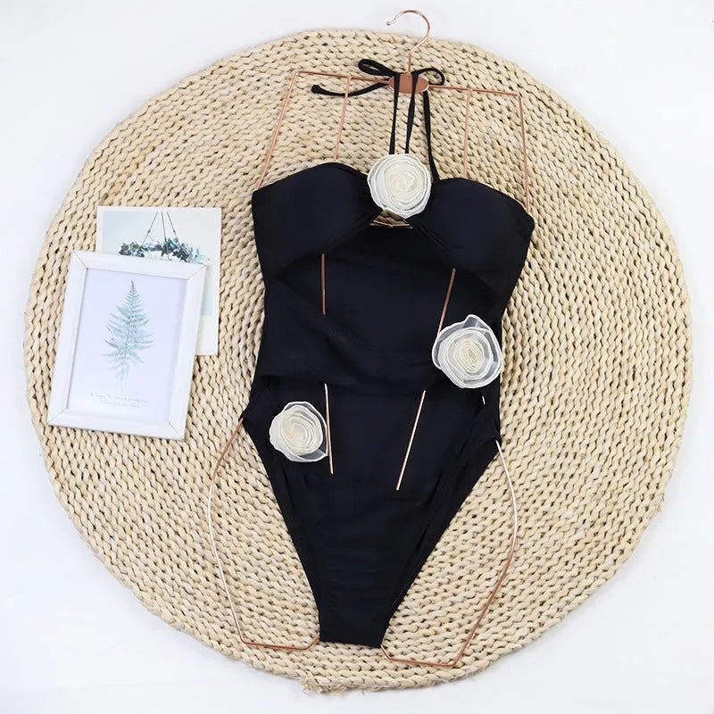 Women's black and blue striped 3D flower one-piece nylon swimsuit for sports