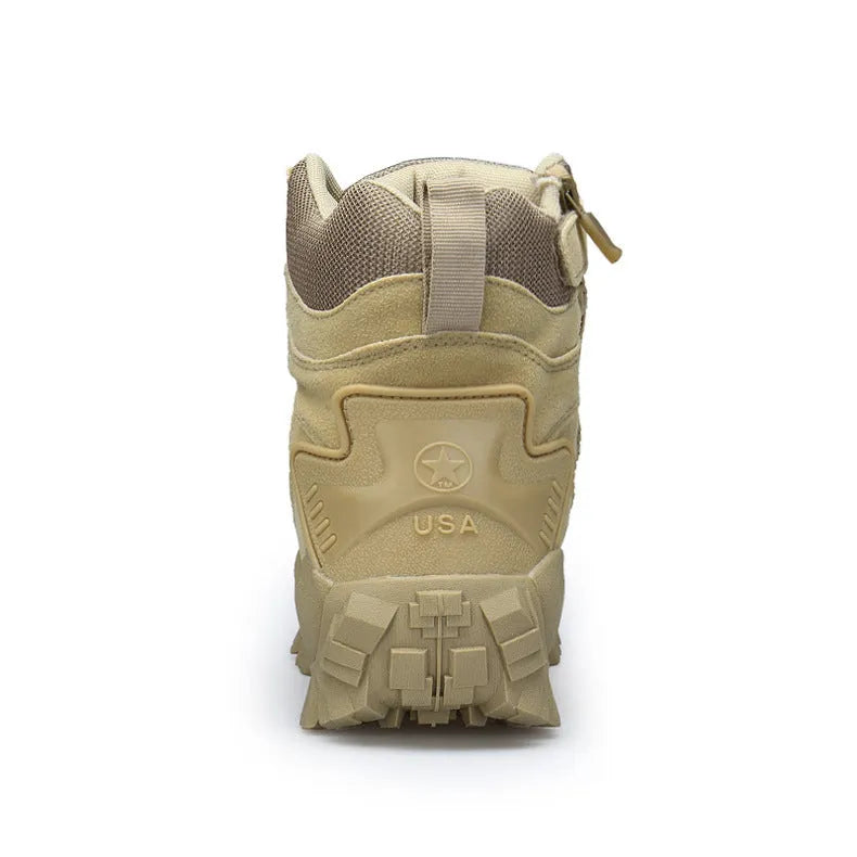 Men's black US Army Delta tactical boots with rubber sole and velvet leather upper on a rocky outdoor surface.