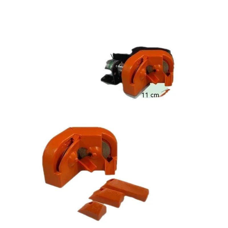 Portable universal grinding tool set with orange and black sander attachments and replacement grinding wheels.