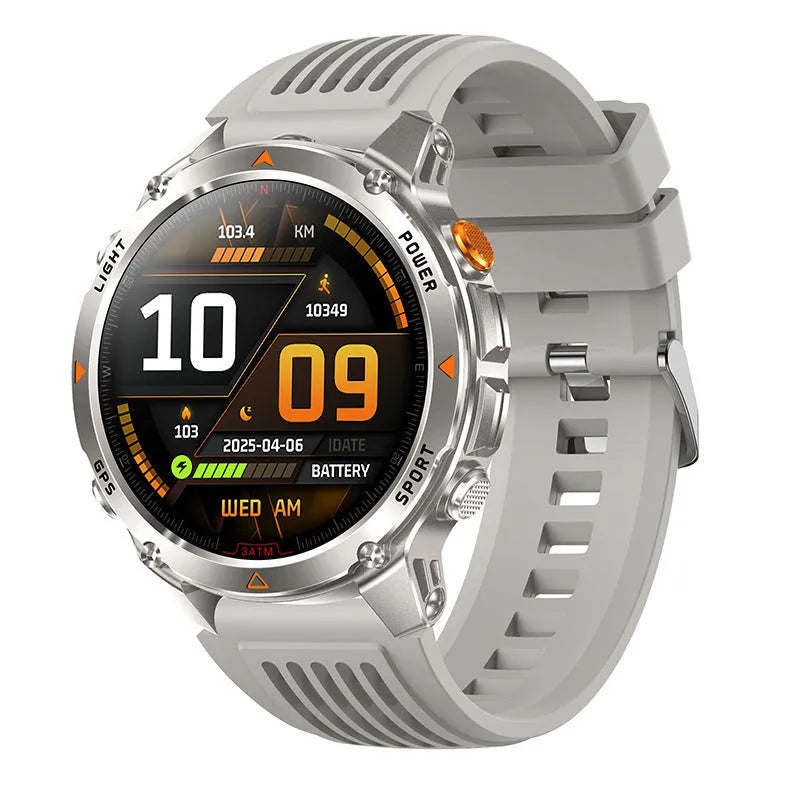 Black smart sports watch with GPS, flashlight, compass, Bluetooth calling, silicone strap, and TFT screen showing heart rate data