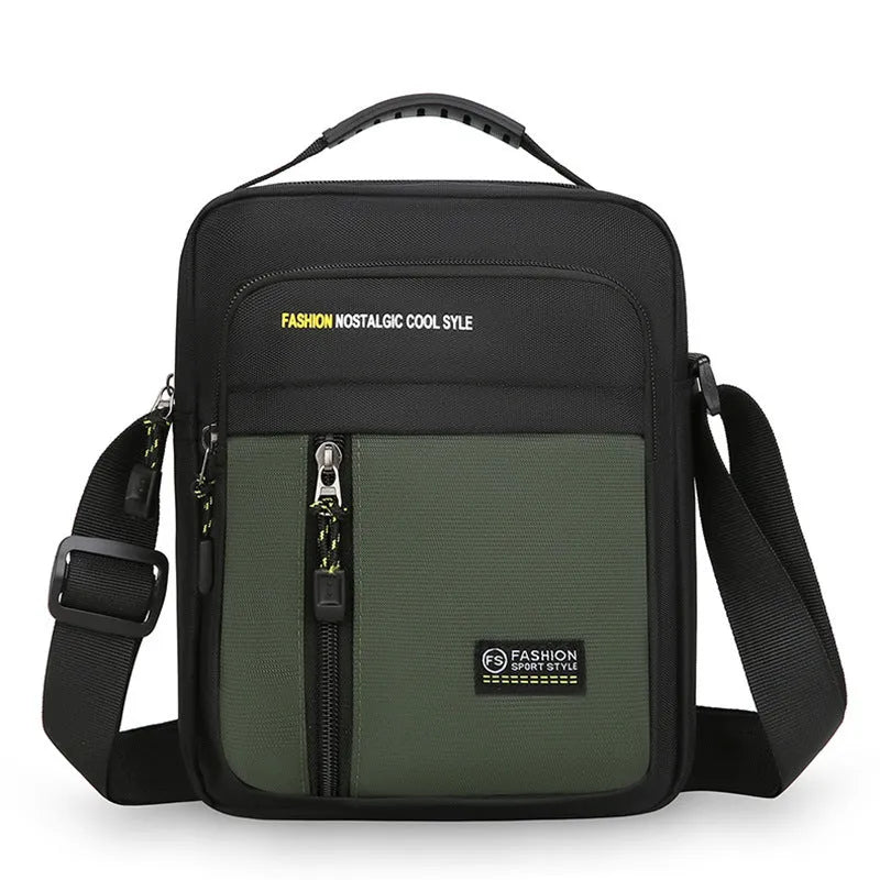 Men's casual nylon messenger bag with crossbody strap in green, grey, black, or blue colours