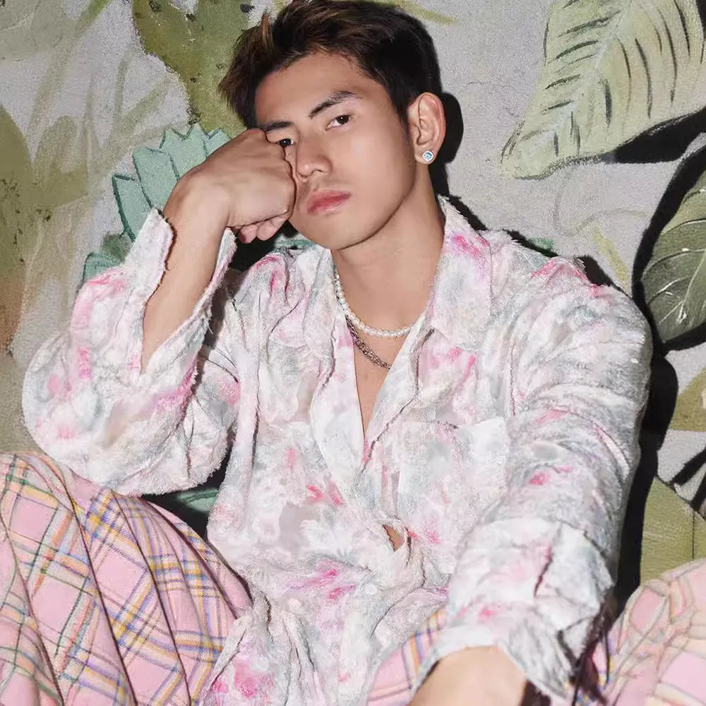 Men's floral long sleeve shirt with embossed three-dimensional pattern in pink colour option