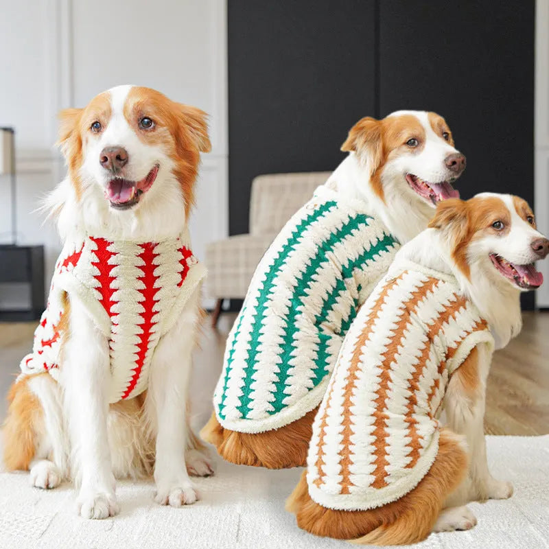 Golden Retriever wearing caramel polyester fleece pet coat with casual fit and visible chest measurement label
