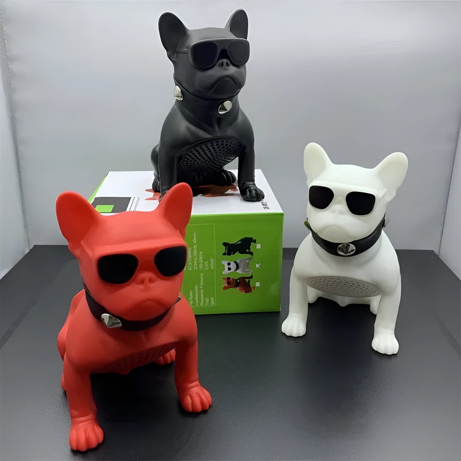 Mini bulldog-shaped Bluetooth portable speaker in black, red, or white colour options