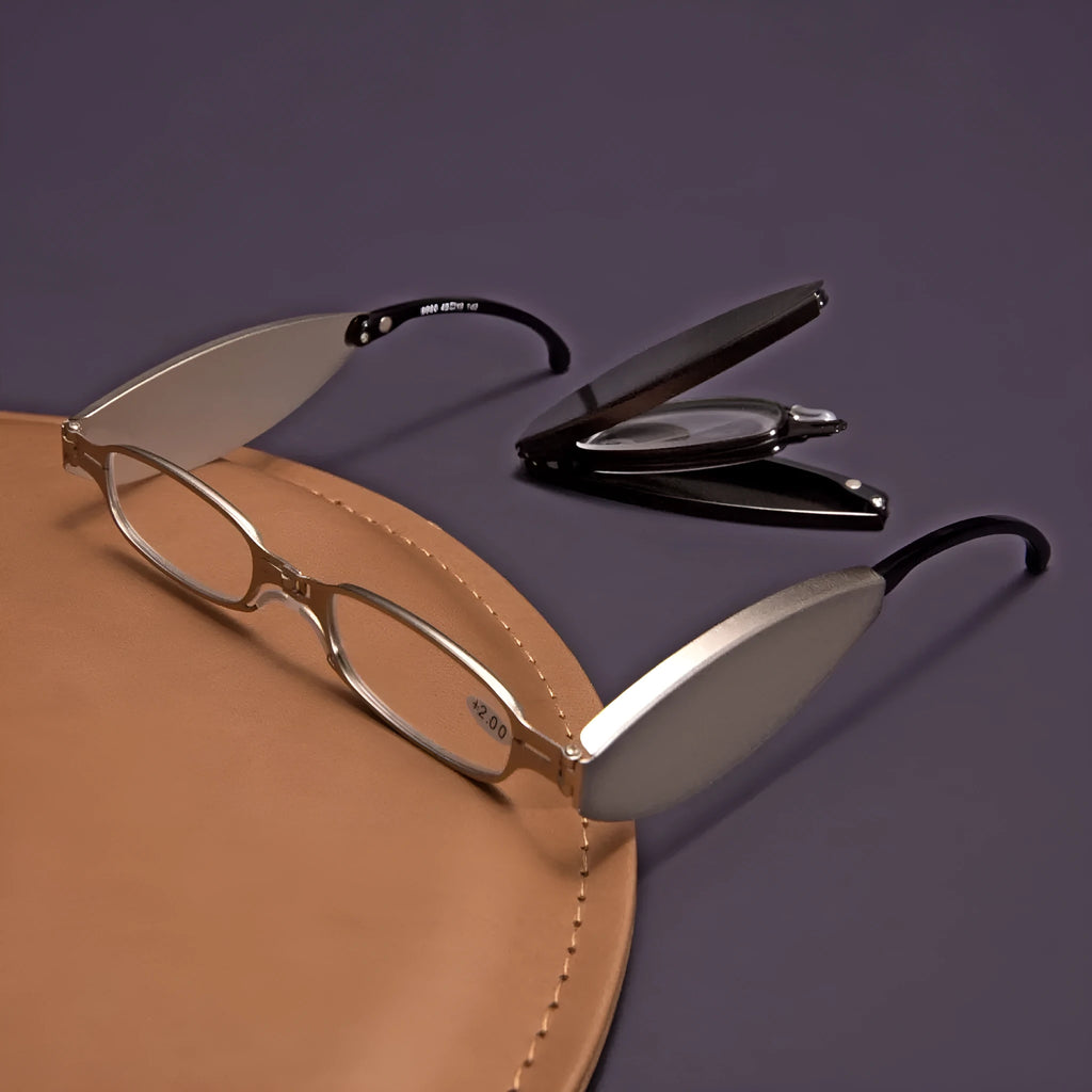 Folding presbyopic glasses with retro frame showing black and silver colour options