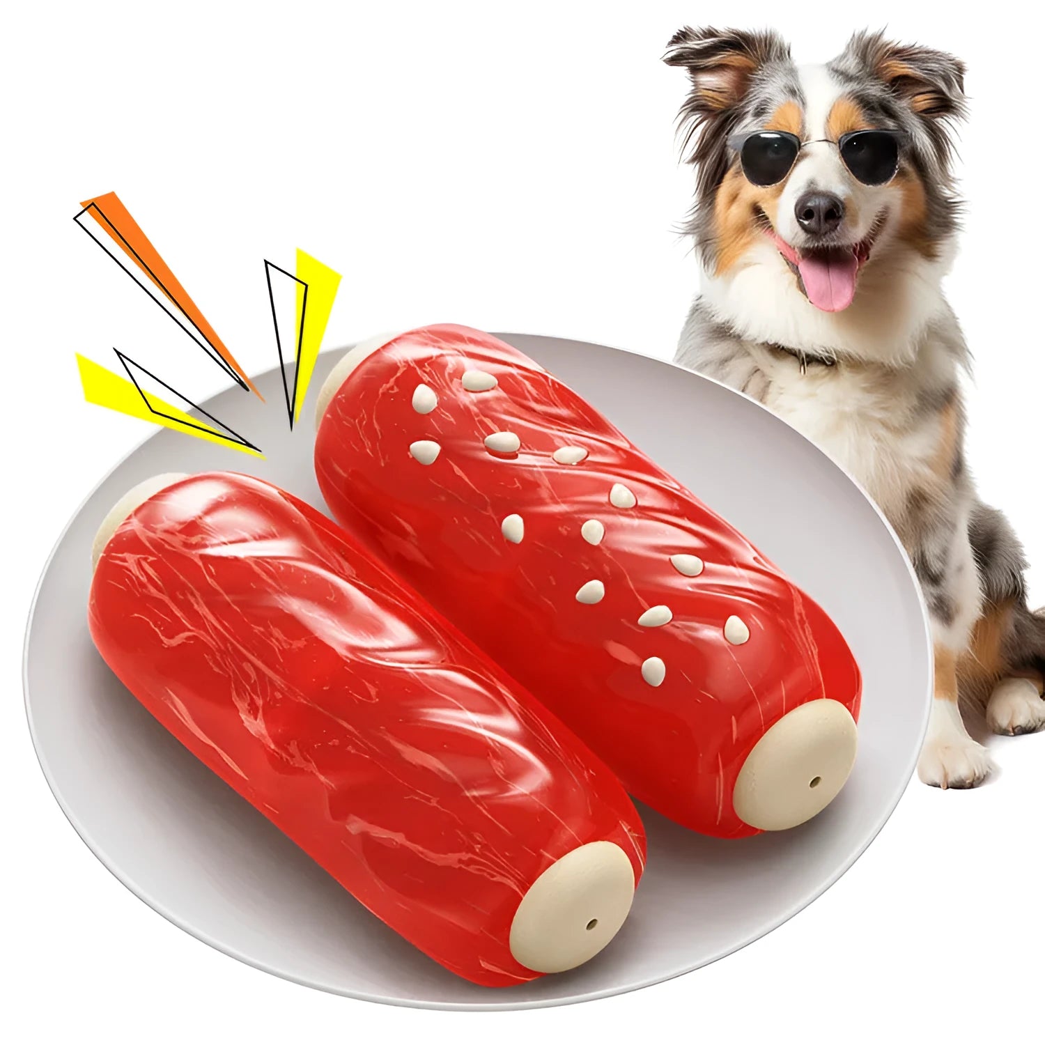 Primary coloured plastic dog toothbrush chew toy with textured molar rods containing glue-flavoured snacks