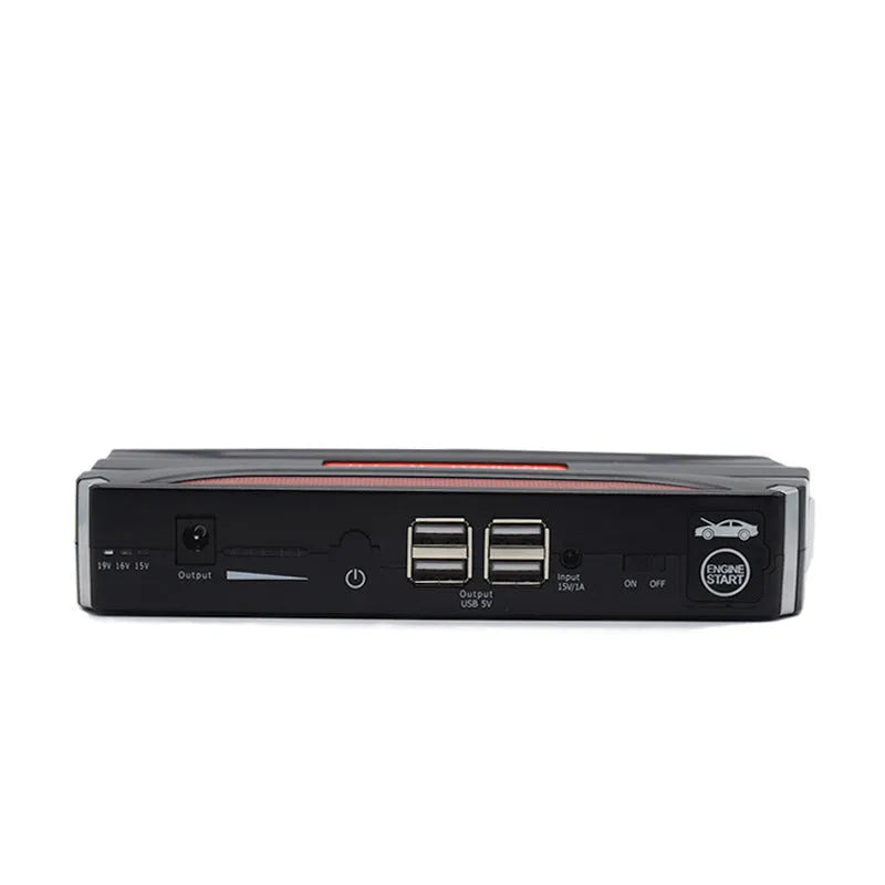 Black and red 12V vehicle emergency starting power supply measuring 178x80x30mm with 7800mAh capacity