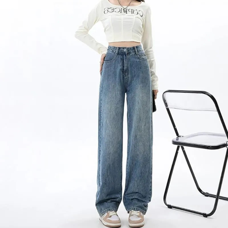 Women's high waist wide leg jeans in retro blue colour with straight leg cut