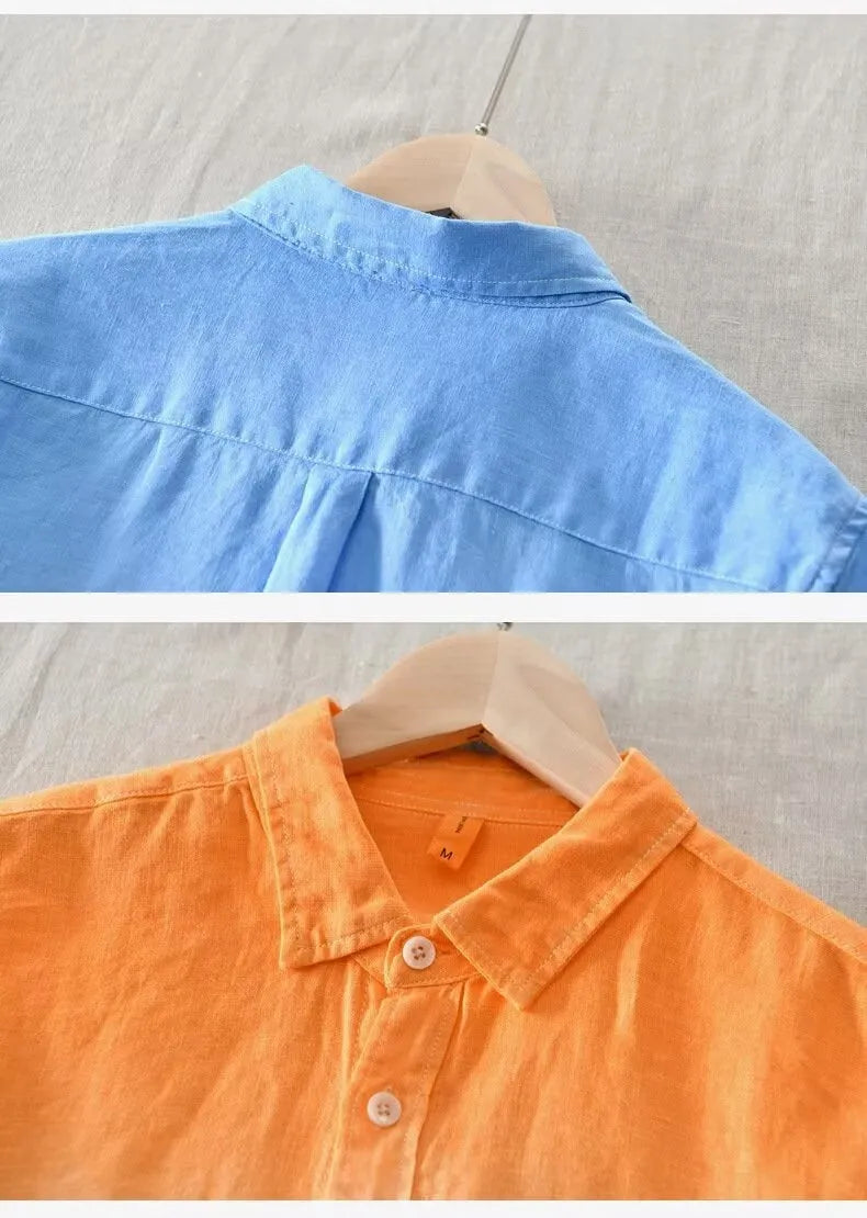 A man's casual slim-fit loose top coat in dark blue, light blue, or yellow, made from hemp and polyester.