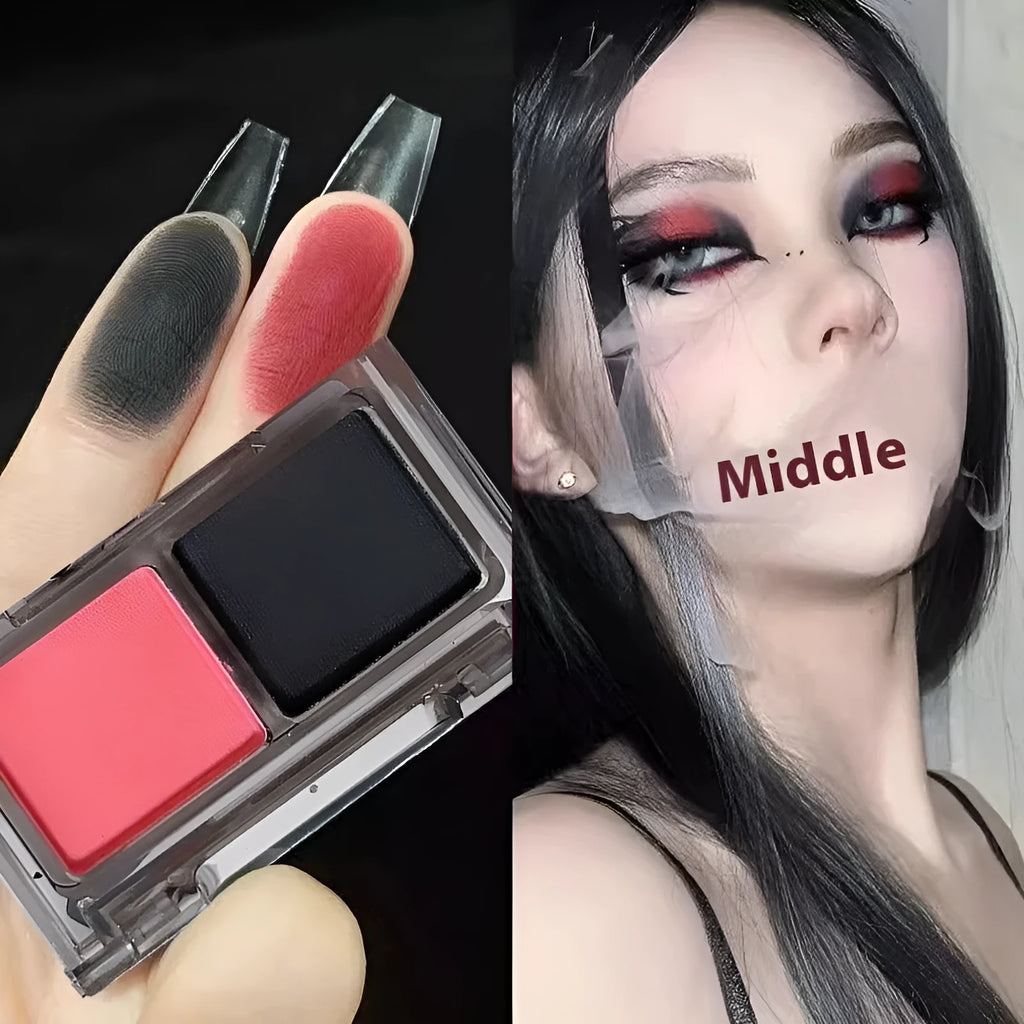 Cool two-tone eye shadow plate showing five colour classifications with matte and shimmer finishes