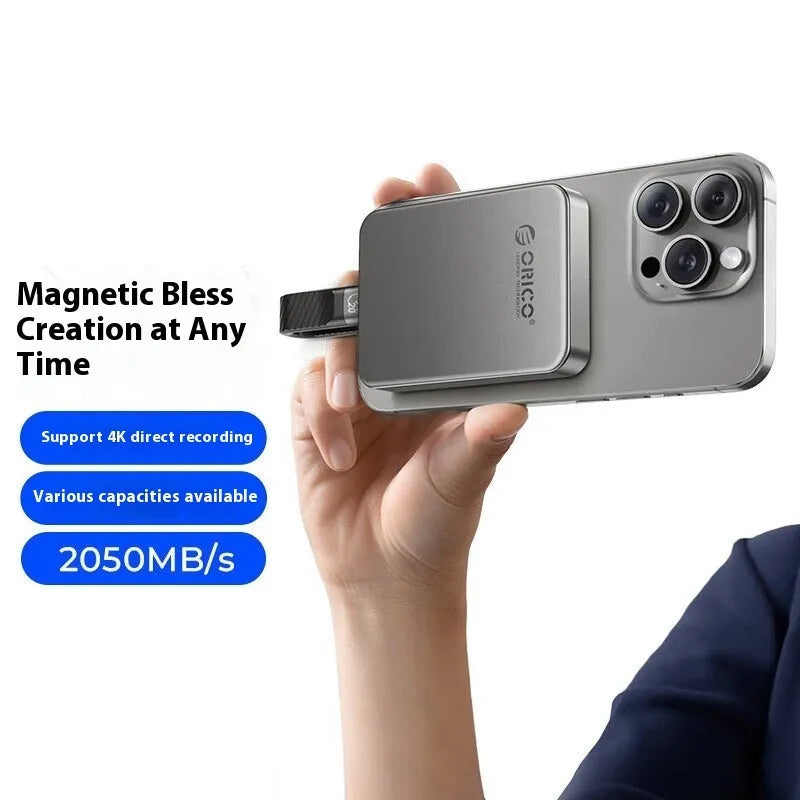 Grey magnetic mobile solid state drive with ultra-thin design and C to C cable