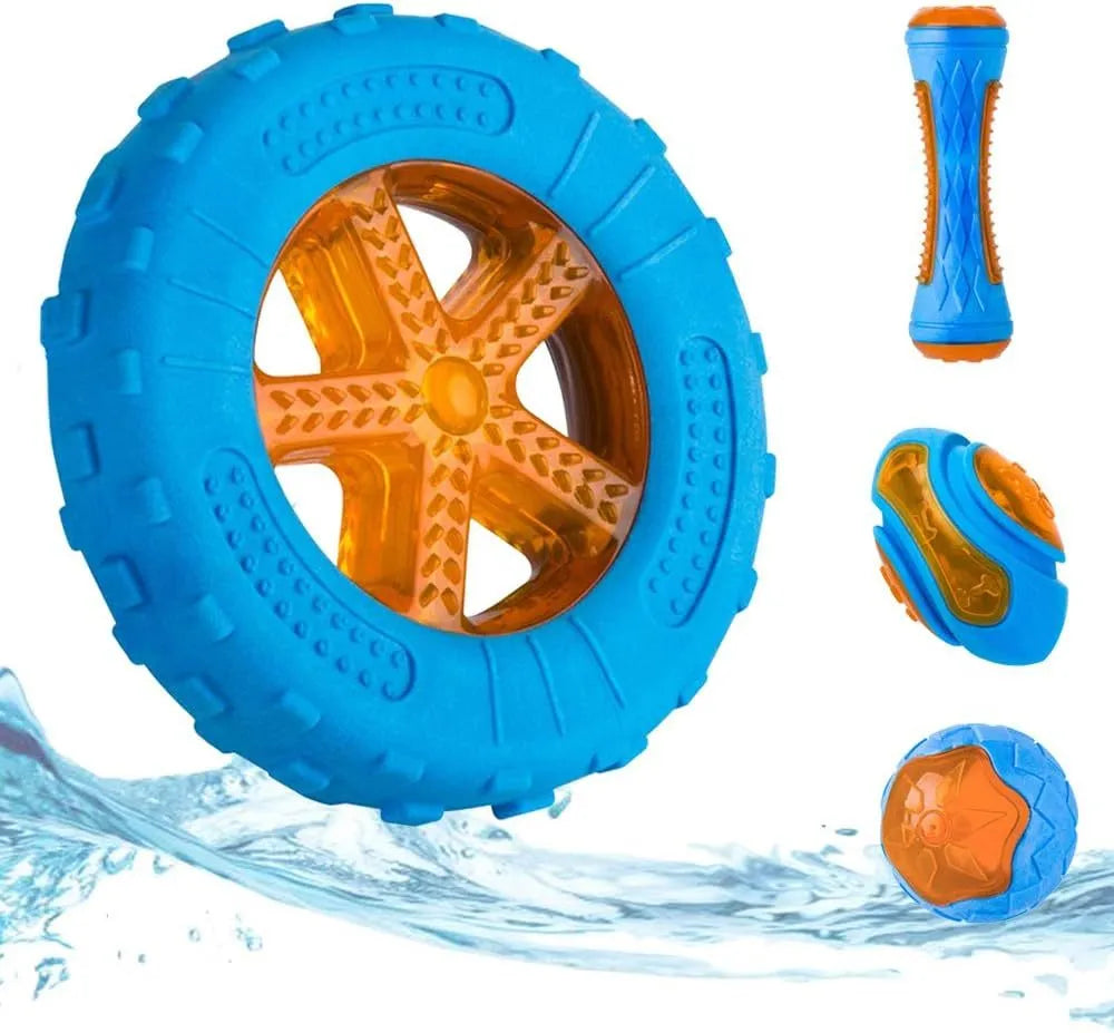 Set of three TPR dog toys: a red ball, blue barbell, and orange tyre on a blue background.