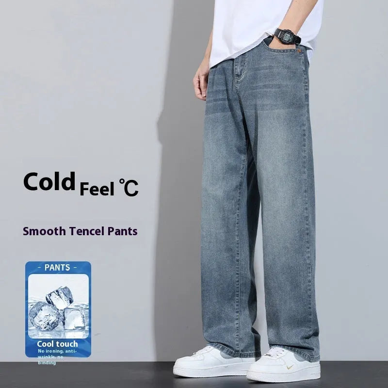 Straight-leg denim casual trousers in thin fabric on a hanger.