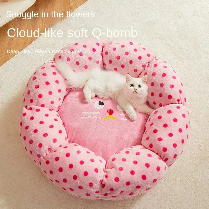 Pink dot circular cat bed showing two size options for pets up to 8 and 20 pounds