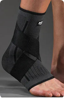 Adult sports ankle support in black colour shown, suitable for basketball and running.