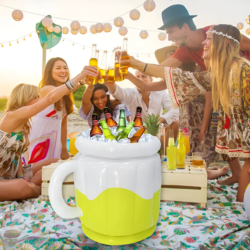 Yellow inflatable PVC ice bucket for portable drink cooling at parties and outdoor events