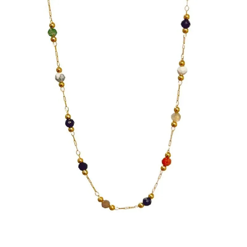Gold titanium steel women's necklace with natural stone pendant and O-ring chain in retro simple style