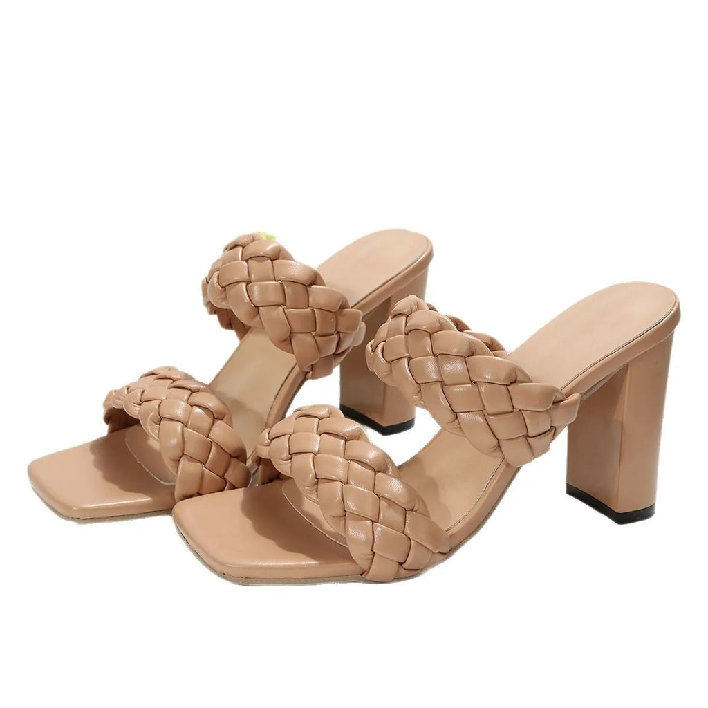Women's apricot square toe flip-flops with woven twisted strap and chunky rubber sole