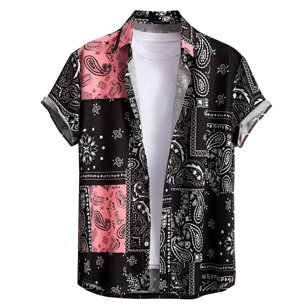 Men's slim fit short sleeve Hawaiian shirt cardigan in elastic polyester fabric