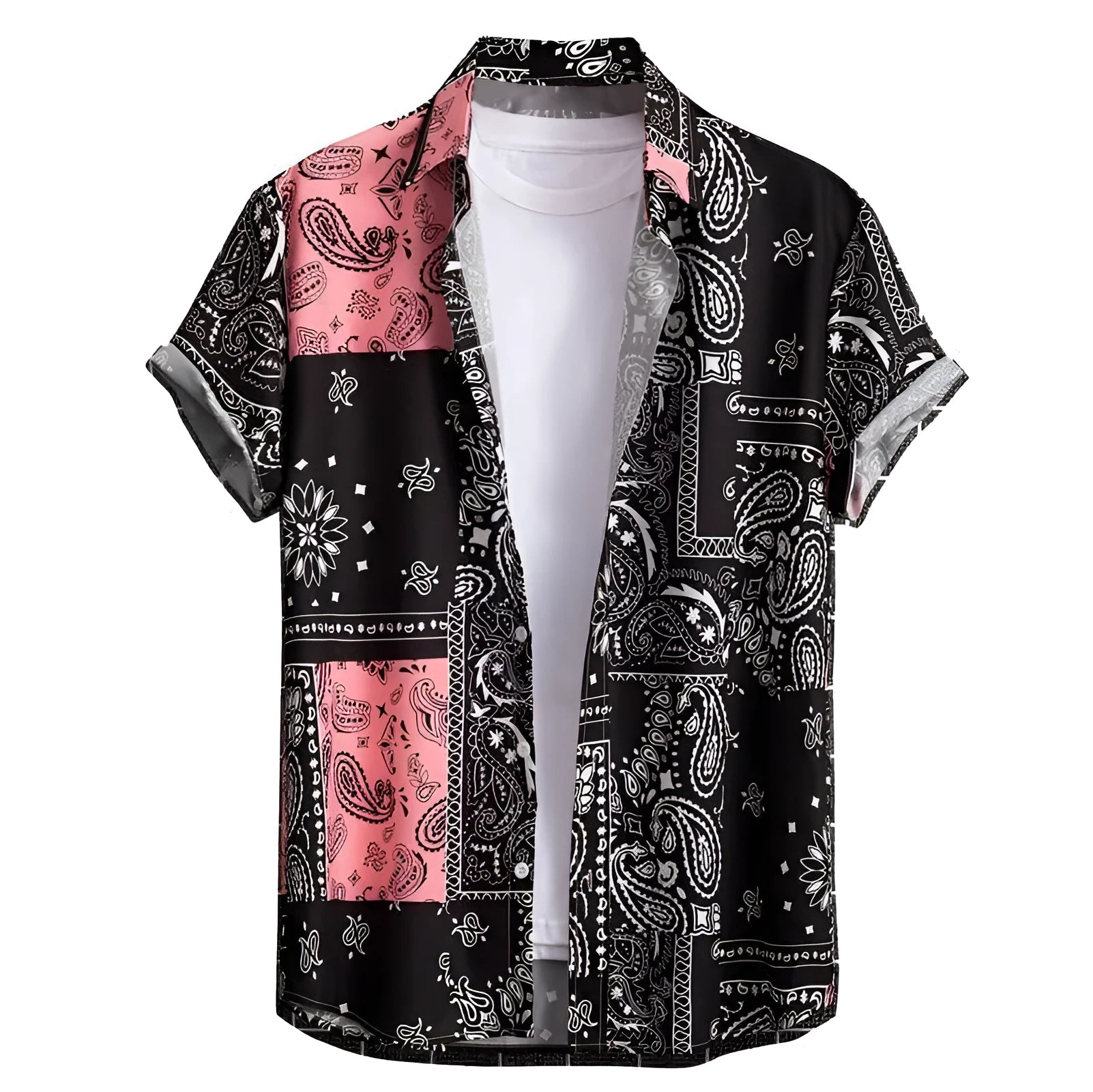 Men's slim fit short sleeve Hawaiian shirt cardigan in elastic polyester fabric