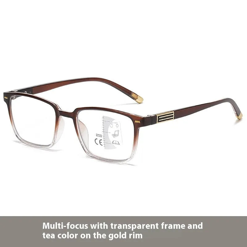Multifocal reading glasses with anti-blue-light and colour-changing lenses in a black and silver frame.