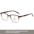 Multifocal reading glasses with anti-blue-light and colour-changing lenses in a black and silver frame.