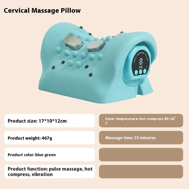 Blue-green cervical massage pillow with EMS, heat, and vibration functions for neck and shoulder relief