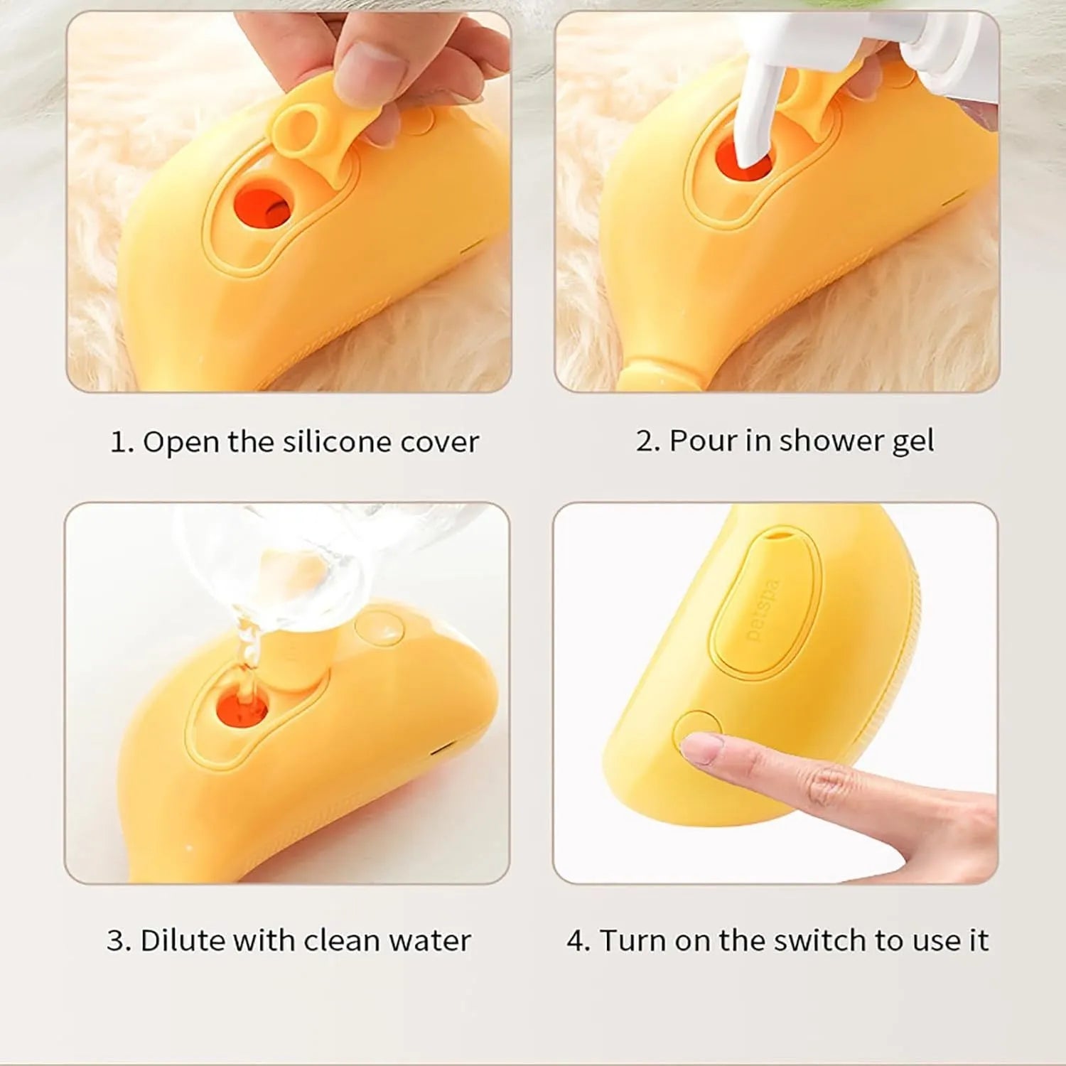 Rechargeable cat steam brush with silicone construction and cat paw-shaped teeth in green or yellow colours