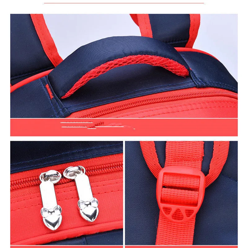 Blue children's school backpack with anime cartoon printing showing front pocket and shoulder straps