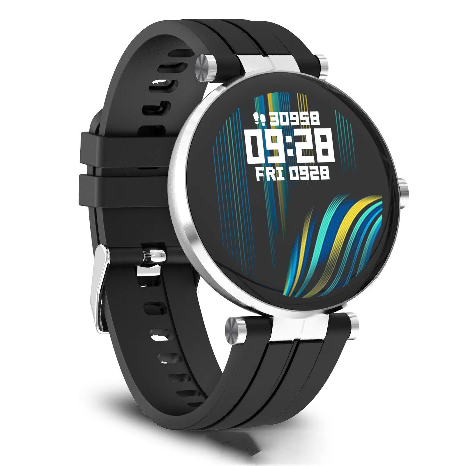 Smart watch with blood pressure and heart rate monitoring on a silicone wristband, shown in black, pink, and silver colour options.
