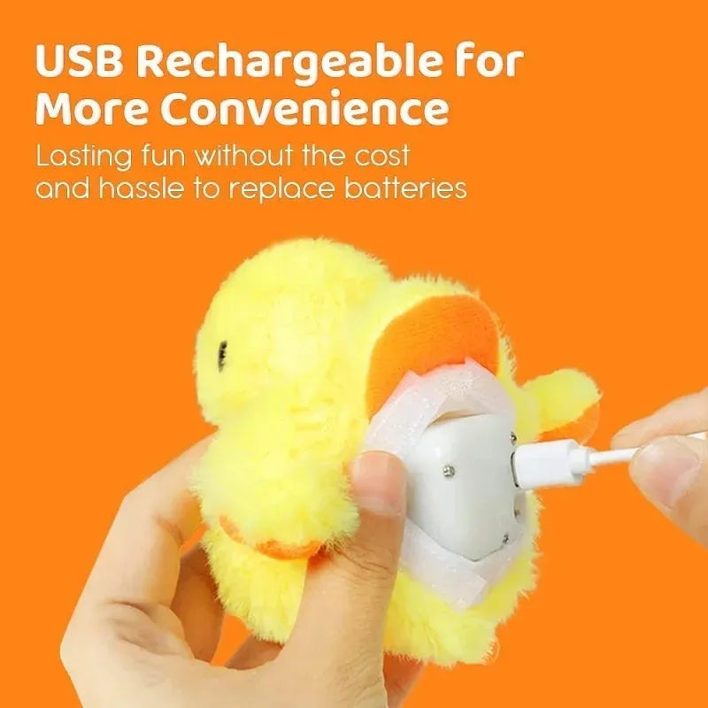 Yellow flapping duck cat toy with chick simulation shape showing vibration sensor and removable plush cover