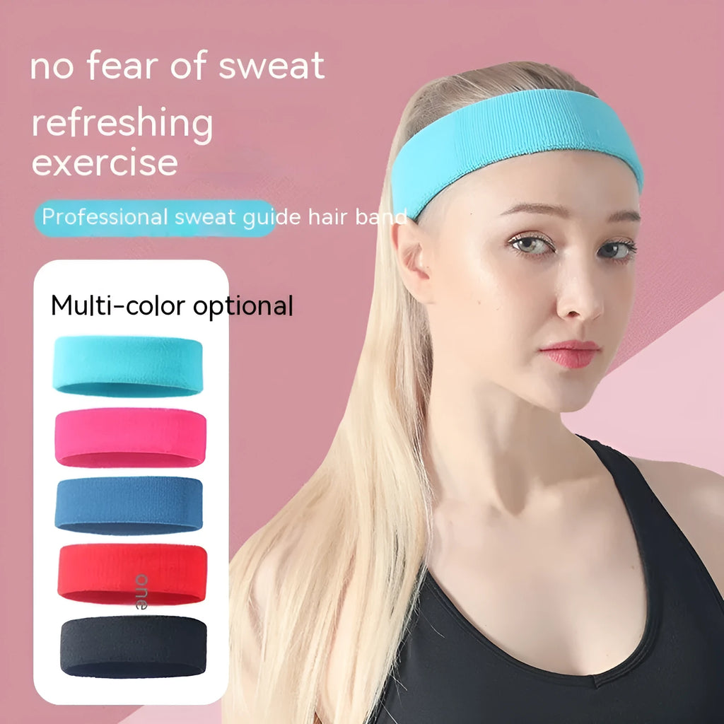 Elastic widening sports sweat headband in solid colours: black, blue, red, rose red, sky blue.
