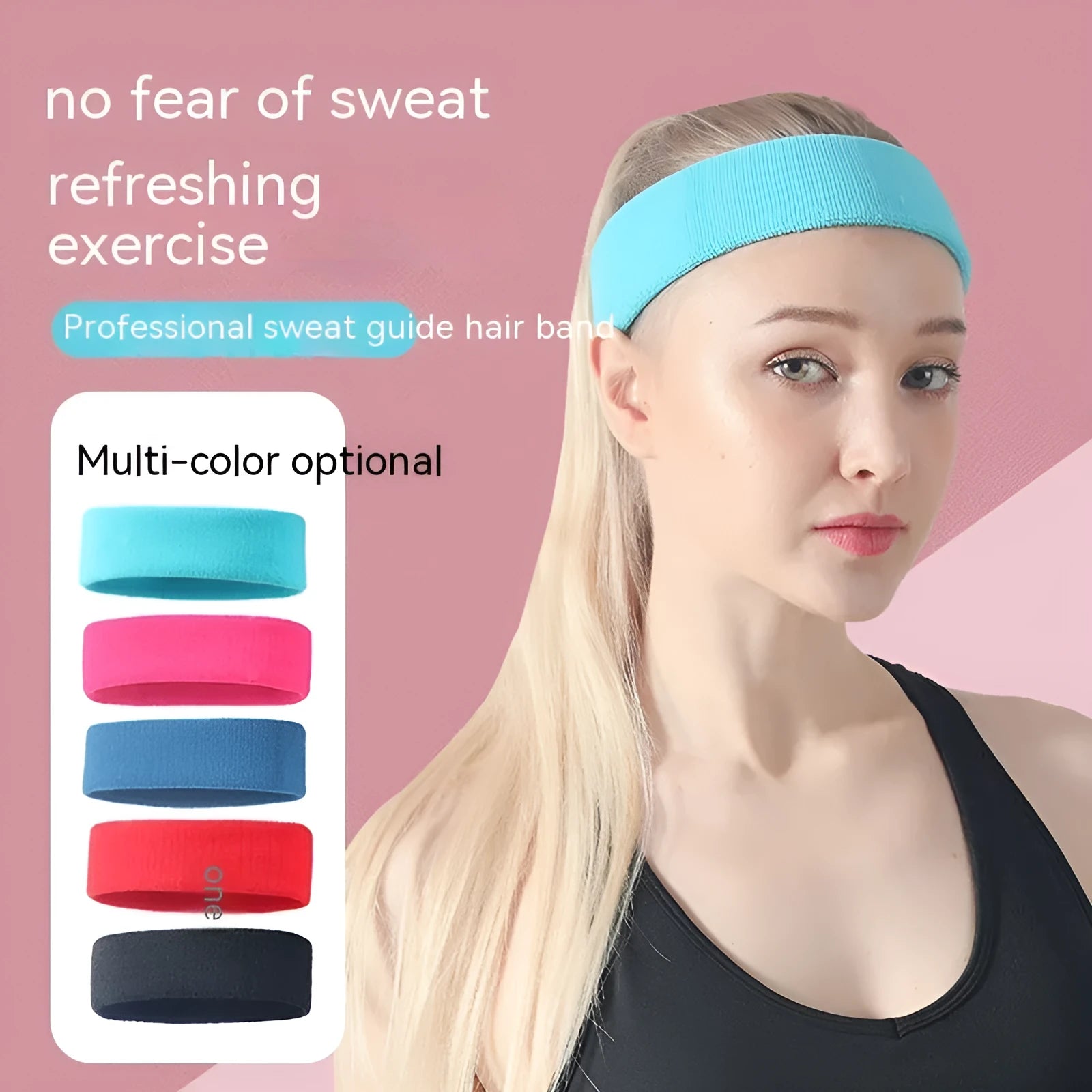 Elastic widening sports sweat headband in solid colours: black, blue, red, rose red, sky blue.
