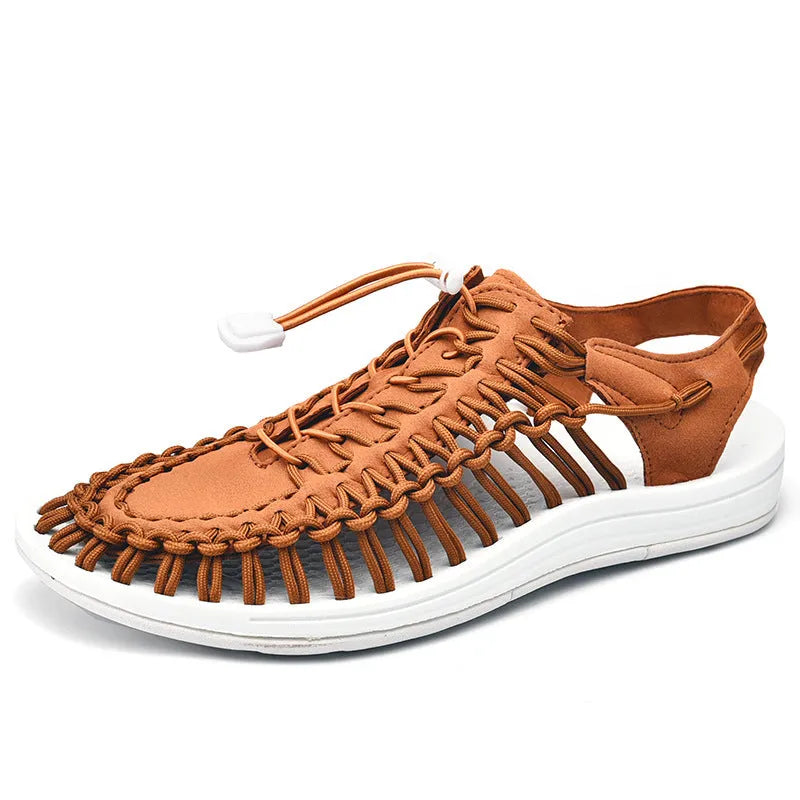Woven Roman-style sandals with drawstring tie closure in multiple colour options