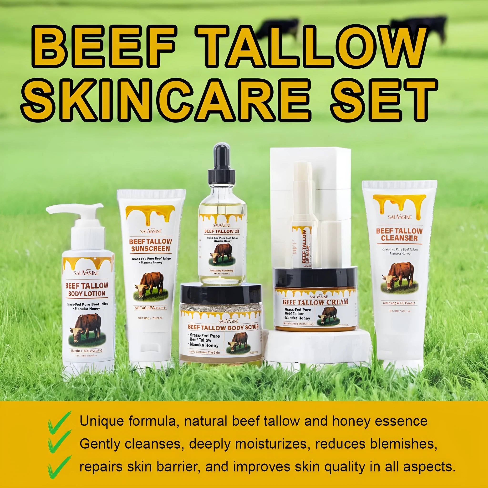 Seven-piece skincare set with facial cleanser, face cream, lip products, body lotion and facial scrub